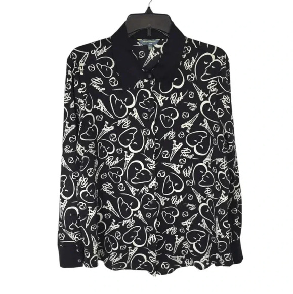 {Catherine Malandrino} Women's Paris Print Button Down Blouse - Size Large - Picture 1 of 13